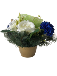 Ikebana s bielou ruou, modrou chryzantmou a npisom Spomname